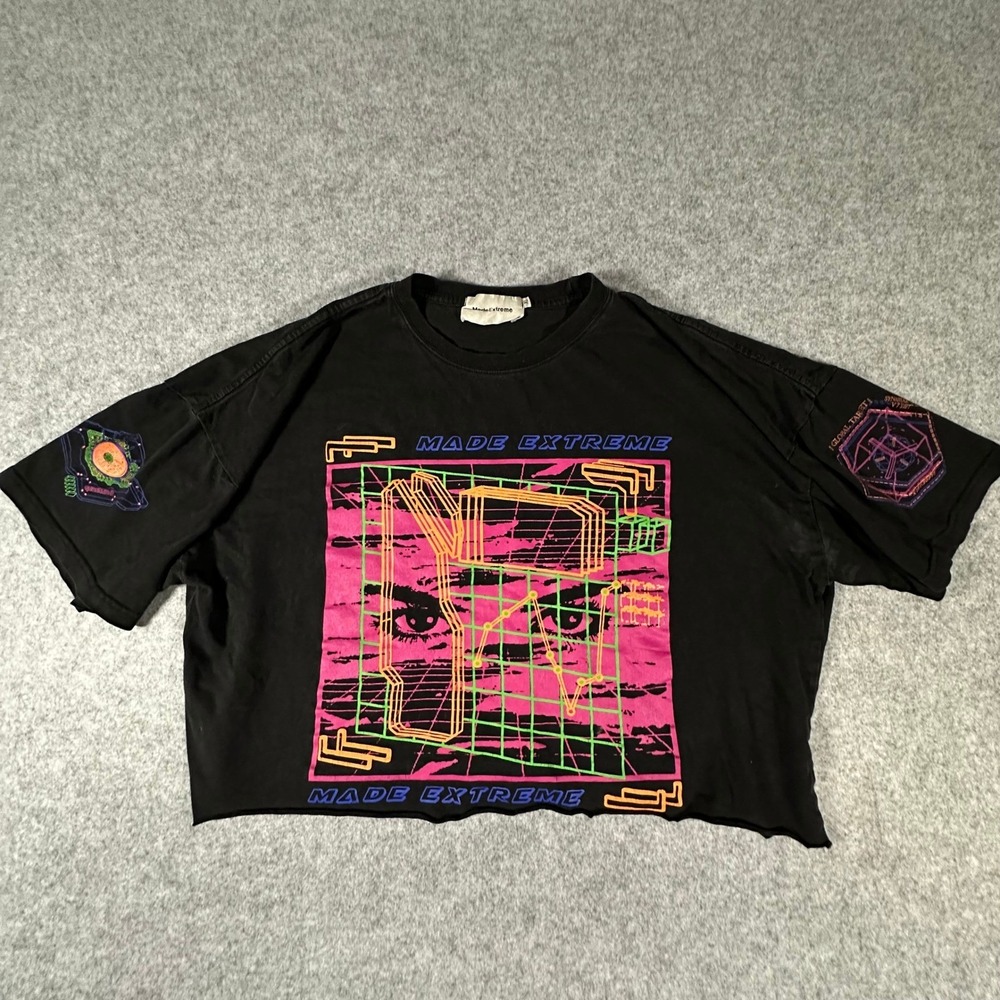 Made Extreme Graphic T-Shirt XL Black Mens Cyberpunk Streetwear Cropped Boxy